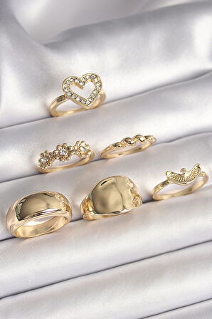 Pirinç Gold Renk Zirkon Taşlı Kalp Figür Kuş Detay 6'Lı Kadın Yüzük Seti