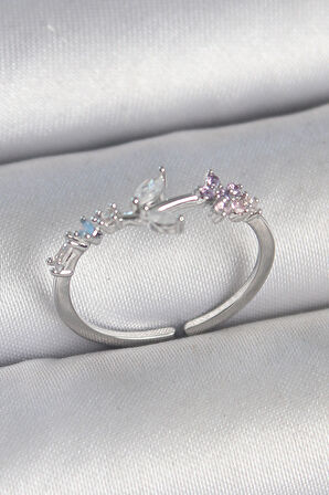 Pirinç Gümüş Renk Zirkon Taşlı Çiçek Model Ayarlanabilir Kadın Yüzük