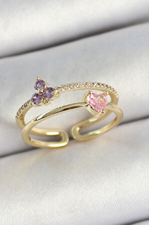 Pirinç Kalp Ve Çiçek Figürlü Zirkon Taşlı Gold Renk Ayarlanabilir Kadın Yüzük