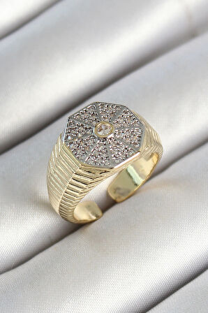 Pirinç Sekizgen Figür Zirkon Taşlı Gold Renk Ayarlanabilir Kadın Yüzük