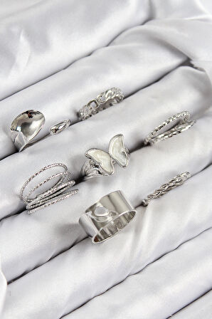 Pirinç Model Gümüş Renk Kadın Yüzük Kombin Set