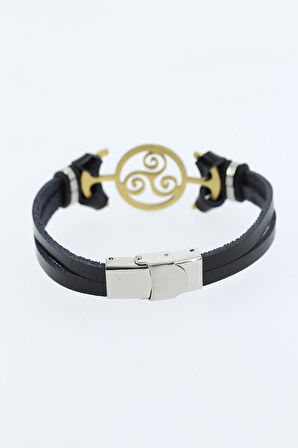Gold Renk Metal Aksesuarlı Siyah Renk Deri Erkek Bileklik