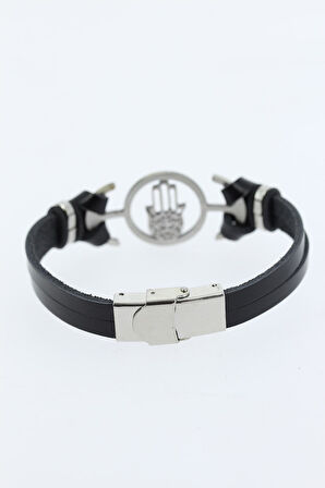 Silver Renk Fatma Ana Eli Figürlü Metal Aksesuarlı Siyah Renk Deri Erkek Bileklik