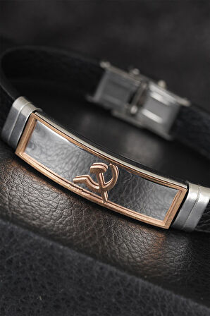 Rose Renk Orak Figürlü Metal Aksesuarlı Siyah Renk Deri Erkek Bileklik