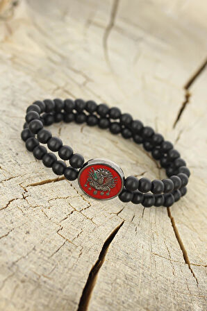 Osmanlı Tuğralı Kırmızı Metal Aksesuarlı Siyah Oniks Doğal Taş Erkek Bileklik