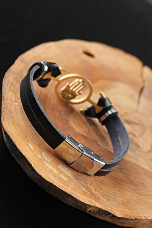 Gold Renk Metal Fatma Ana Eli Tasarım Siyah Renk Deri Erkek Bileklik