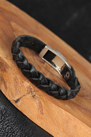 Siyah Örgü Model Deri Erkek Bileklik