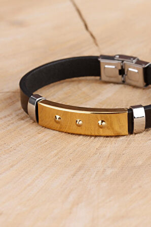 Siyah Silikon Çelik Aksesuar Tasarımlı Detaylı Erkek Bileklik