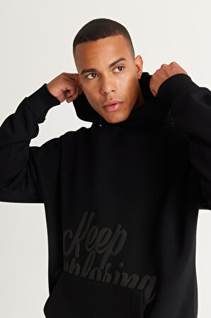 Erkek Siyah Oversize Fit Bol Kesim Kapüşonlu Içi Polarlı 3 Iplik Baskılı Sweatshirt