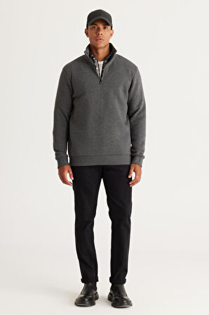 Erkek Antrasit-melanj Standart Fit Normal Kesim Içi Polarlı Bato Yaka Pamuklu Sweatshirt