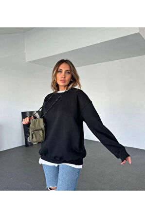 Omzu Dikiş Detaylı Üç İplik Şardonlu Uzun Oversize Sweatshirt