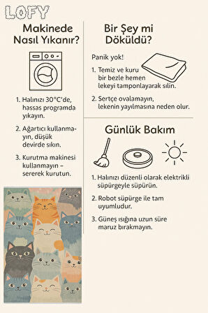 Sevimli Kedi Desenli Halı – Renkli ve Neşeli Tasarım | Kaymaz, Yıkanabilir, Evcil & Bebek Dostu