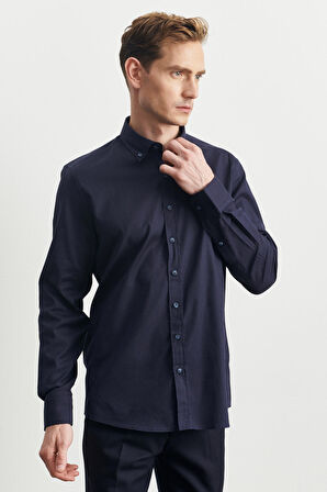 Erkek Lacivert Slim Fit Dar Kesim Düğmeli Yaka Gabardin Desenli Gömlek