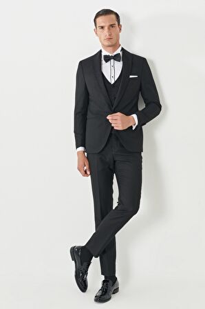 Erkek Siyah Ekstra Slim Fit Dar Kesim Kırlangıç Yaka Desenli Yelekli Smokin Takım