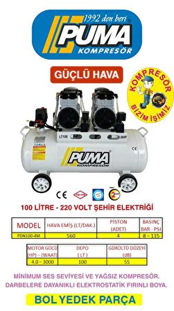 PUMA SESSİZ YAĞSIZ PİSTONLU KOMPRESÖR - 100 Lt - 4 HP - 8 Bar