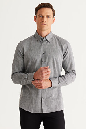 Erkek Siyah Slim Fit Dar Kesim Gizli Düğmeli Yaka Pamuklu Armürlü Gömlek
