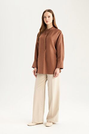 DeFacto Relax Fit Hakim Yaka Basic Düz Uzun Kollu Tesettür Gömlek Tunik E1757AX25SPBN519