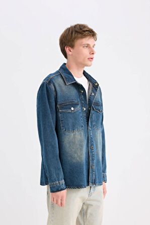 DeFacto Relax Fit Uzun Kollu Cepli Jean Gömlek Ceket D0448AX24AUNM34