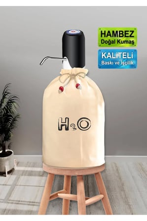 Dekoratif H2O Baskılı Damacana Kılıfı Doğal Hambez Büzgü İpli Yıkanabilir Kılıf