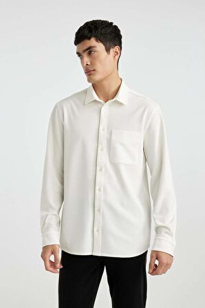 DeFacto Regular Fit Polo Yaka Krinkıl Basic Düz Uzun Kollu Beyaz Gömlek B6484AX24SPWT32