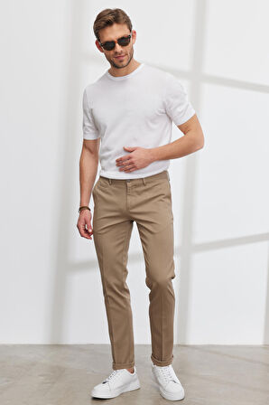 Erkek Bej Slim Fit Dar Kesim Yan Cepli Pamuklu Esnek Armürlü Pantolon