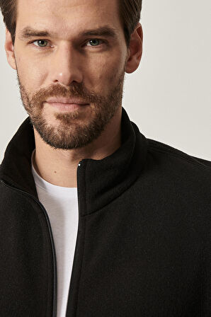 Erkek Siyah Anti-pilling Tüylenme Yapmayan Standart Fit Bato Yaka Sweatshirt Polar Ceket