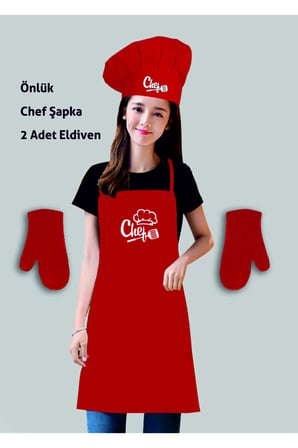Kırmızı Mutfak Masterchef Önlük Seti ( Önlük+chef Şapka+2 Adet Eldiven )