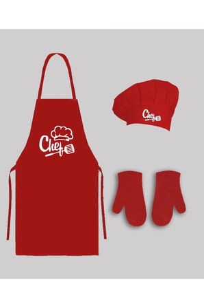 Kırmızı Mutfak Masterchef Önlük Seti ( Önlük+chef Şapka+2 Adet Eldiven )