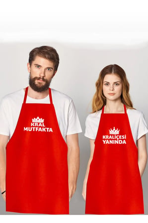 2li Kırmızı Mutfak Önlüğü Ve Aşçı Şapkası - Kral Mutfakta - Kraliçesi Yanında Baskılı