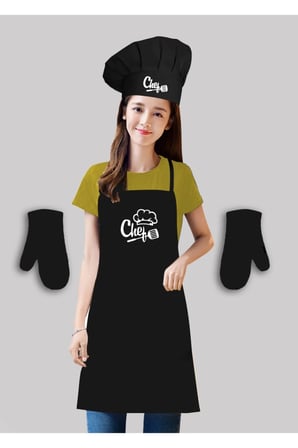 Siyah Mutfak Önlüğü Seti ( Önlük+chef Şapka+2 Adet Eldiven )