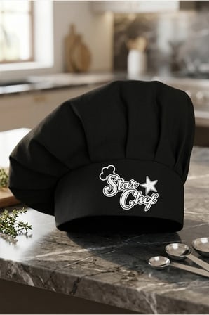 Şef Aşçı Şapkası, Mantar Kep Siyah Star Chef Baskılı