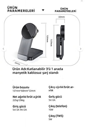 3'ü Bir arada Kablosuz Şarj Cihaz Standı Mage Safe Uyumlu Apple Iphone Android Uyumlu 15W Hızlı Şarj