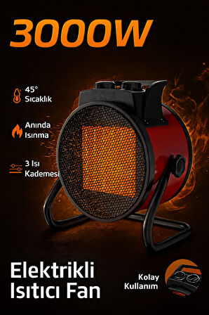 Yüksek Güçlü Hızlı Elektrikli Isıtıcı Fan Otomatik Aşırı Isınma Koruması 3 Kademeli Sessiz 3000W