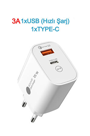 Hızlı Şarj Adaptörü Hızlı Şarj Aleti USB 3.0 / TYPE-C 25W 3.0A HIZLI ŞARJ ALETİ BAŞLIĞI 25W