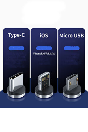 Değiştirilebilir Uçlu Şarj Kablosu MİCRO- TYPE-C-LIGHTINING Manyetik Metal Şarj Data Kablosu 3In1