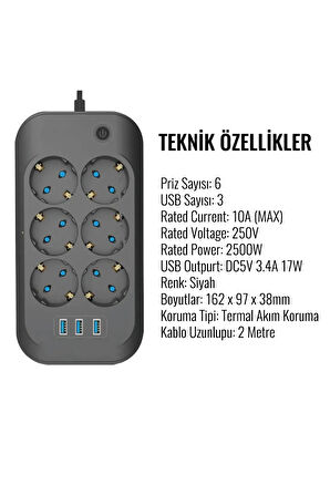 6'lı Akım Korumalı Uzatma Kablolu Priz  3xUSB Isıya Dayanaklı Priz 2500 watt