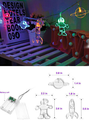 Dekoratif Çocuk Bebek Odası Led Şerit Astronot Uzay Gemisi Gezegen Temalı Pilli 10 LED'li 2 M