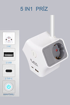 3'lü Grup Priz 3 Priz 1 USB 1 Type-c Anahtarlı Çocuk Emniyetli Dönebilen Duvar Monte Aparatlı 1.5 M