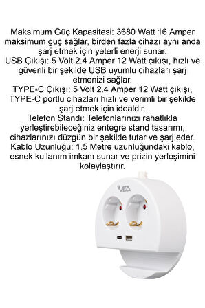 Priz 2 Li  1 USB + 1 TYPE-C Girişli Grup Uzatma Kablosu Telefon Standlı Priz 1.5 Metre Kablolu