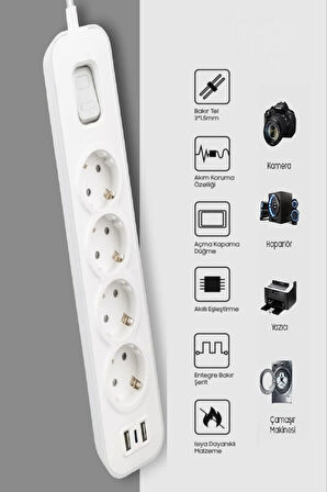Akım Korumalı Grup Priz 4 lü Priz + 2 USB + 1 Type-C, Anahtarlı, 1.5 Metre, Çocuk Korumalı