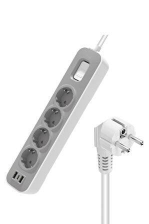 Akım Korumalı Grup Priz 4 lü Priz + 2 USB + 1 Type-C, Anahtarlı, 1.5 Metre, Çocuk Korumalı