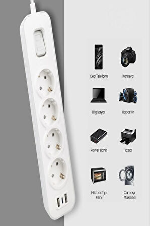 Akım Korumalı Grup Priz 4 lü Priz + 2 USB + 1 Type-C, Anahtarlı, 1.5 Metre, Çocuk Korumalı