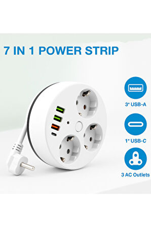 7in1 Makaralı Grup Priz 1.5m Kablo 3 USB-A 1 USB-C Akım Korumalı Hızlı Şarj