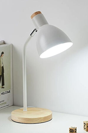 USB LED Masa Lambası Beyaz Ahşap Tabanlı Modern Dekoratif, Şık Esnek Boyunlu Ofis ve Çalışma Lambası
