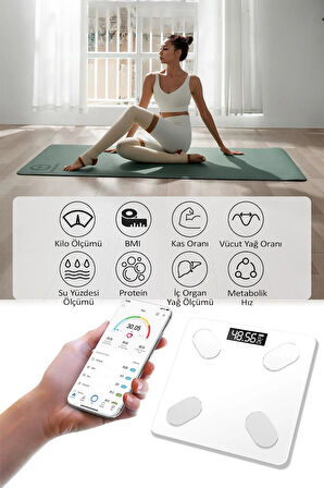 Bluetooth Uygulama Destekli Dijital Banyo Baskül 150 Kg Hassas Vücut Analizli Smart Tartı Beyaz