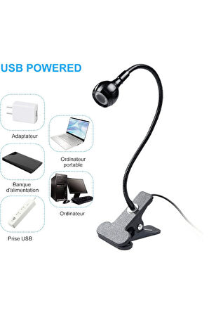 USB COB LED Siyah Mandallı Akrobatik Gövdeli Kitap Okuma & Çalışma Masa Lambası