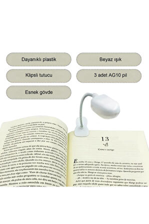 Pilli LED'li Mandallı Kitap ve Klavye Okuma Lambası Beyaz Ayarlanabilir Esnek Boyun Portatif Pratik