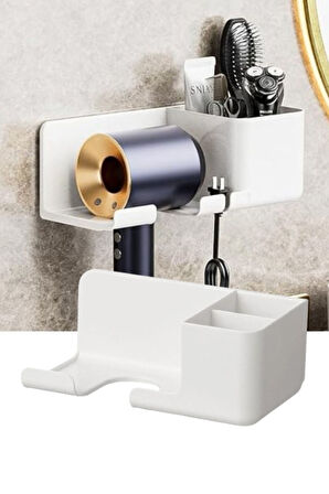 Banyo Rafı Sabunluk Diş Fırçası Saç Kurutma Makinesi Organizer – Duvara Monte, Beyaz Renk