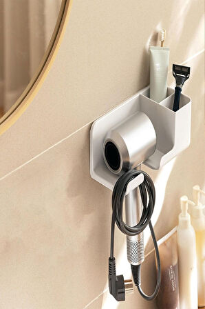 Banyo Rafı Sabunluk Diş Fırçası Saç Kurutma Makinesi Organizer – Duvara Monte, Beyaz Renk