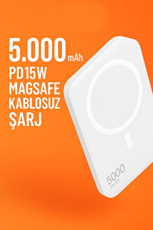 Taşınabilir 5000 mAh PD15W MagSafe Kablosuz Wireless Hızlı Şarj Cihazı Beyaz Powerbank